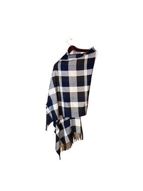 Blue & White Plaid Fringed Scarf By Plush Apparel